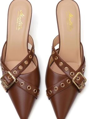 Massimo Brown Pointed-Toe Buckle kitten heels with Gold Accents